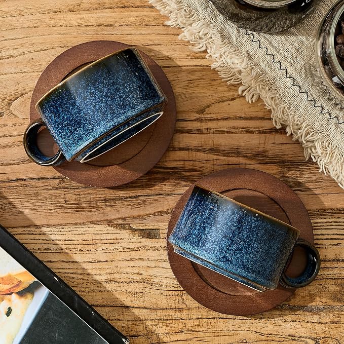 LUKA 6 Ounce Porcelain Stackable Espresso Cups with Saucers and Metal Stand Set of 4, Ceramic Cappuccino Cups Set for Specialty Coffee Drinks, Latte, Cafe Mocha and Tea, Reactive Blue