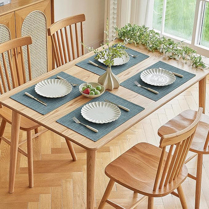 Softalker Faux Linen Placemats Set of 6-12 x 18 Inch, Heat Resistant Double Layered Durable Burlap Farmhouse Place Mats, Non-Slip Washable Rustic Table Mats for Dining, Kitchen, Party（Light Blue