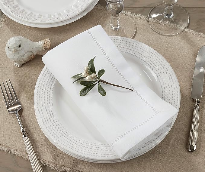 SARO LIFESTYLE Hemstitched Border Dinner Napkin (Set of 12), White, 18" x18