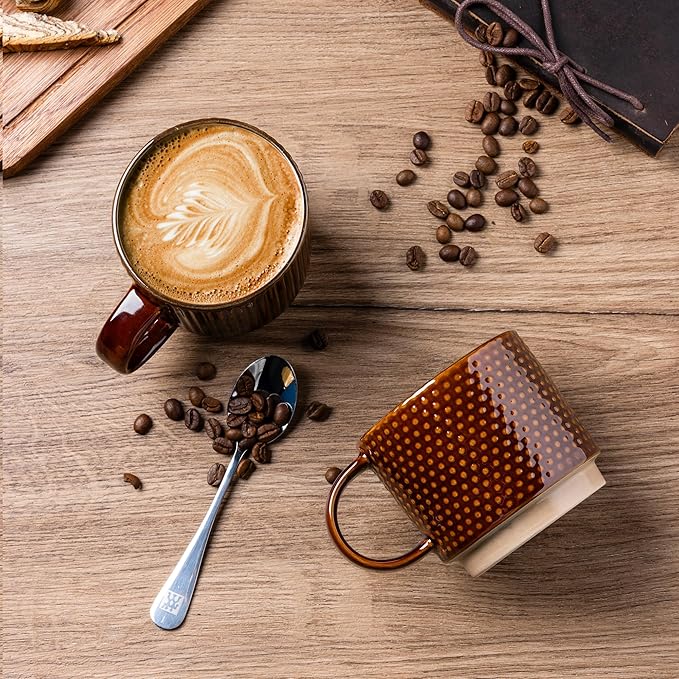 GBhome 12 OZ Stackable Coffee Mugs, Ceramic Coffee Cups with Texture Patterns for Man,Woman,Dad,Mom, Modern Mugs Set of 4 for Latte/Cappuccino/Cocoa. Dishwasher&Microwave Safe