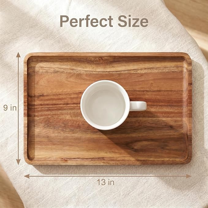 2 PCS Solid Acacia Wood Serving Trays Rectangular Wooden Serving Platters Natural Wooden Boards for Bar Coffee Party 13 * 9 inch