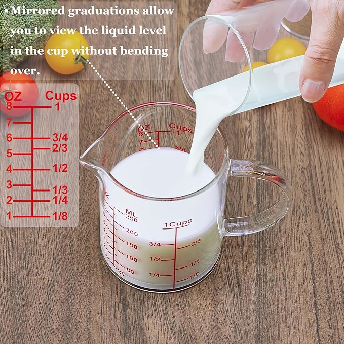 Ackers Mirror Graduated Glass Measuring Cup - [Insulated Handle | V-Shaped Spout] - High Borosilicate Glass Measuring Cup for Kitchen or Dining, Easy to Read, 250ml (8oz, 1 Cup)