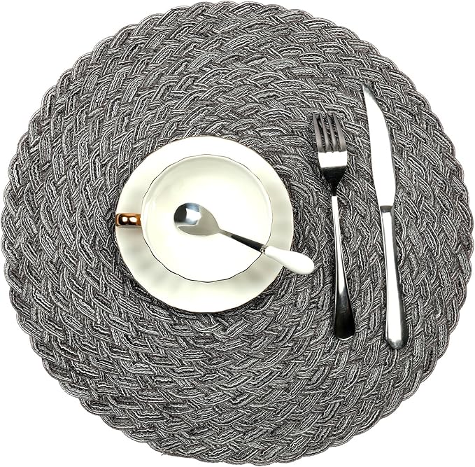 Topotdor Round Placemats Heat-Resistant Stain Resistant Anti-Skid Washable Polyproplene Table Mats Placemats (Set of 6, Braided-Gray)