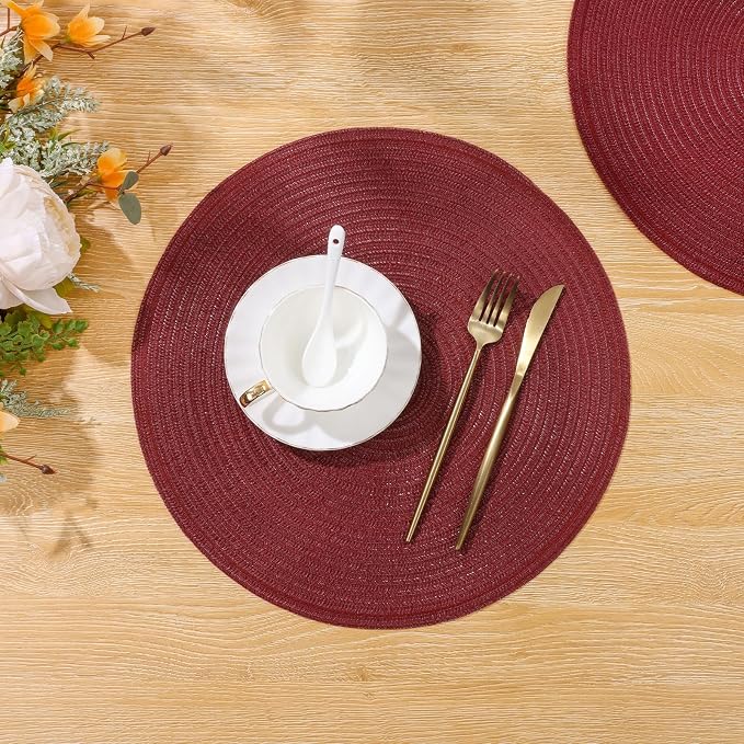 SHACOS Round Placemats Set of 12 for Dining Table 15 inch Round Braided Place Mats Cotton Polyester Washable Non Slip Kitchen Table Mats, Burgundy