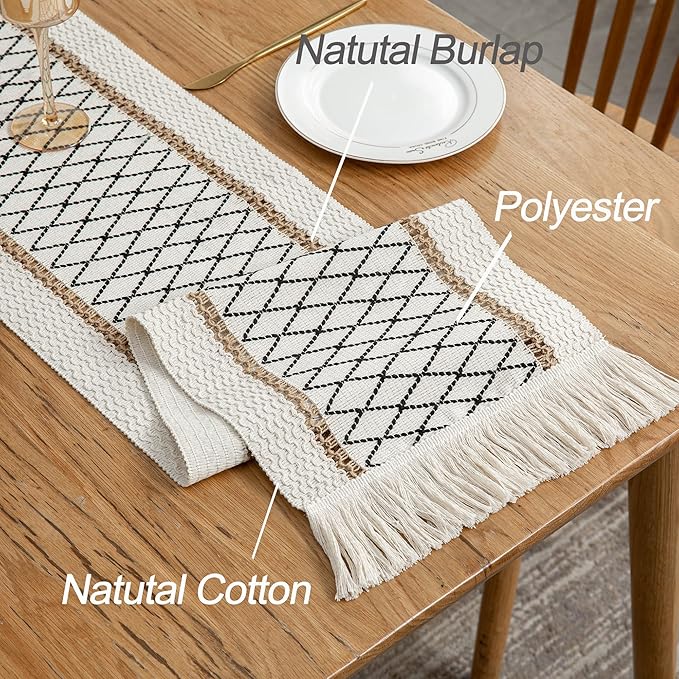 Table Runner Linear End, Boho Style with Tassels, Cotton & Linen, Farmhouse Home Decor for Living Room Dresser Scarfs (12x60Inch, Black & Beige)