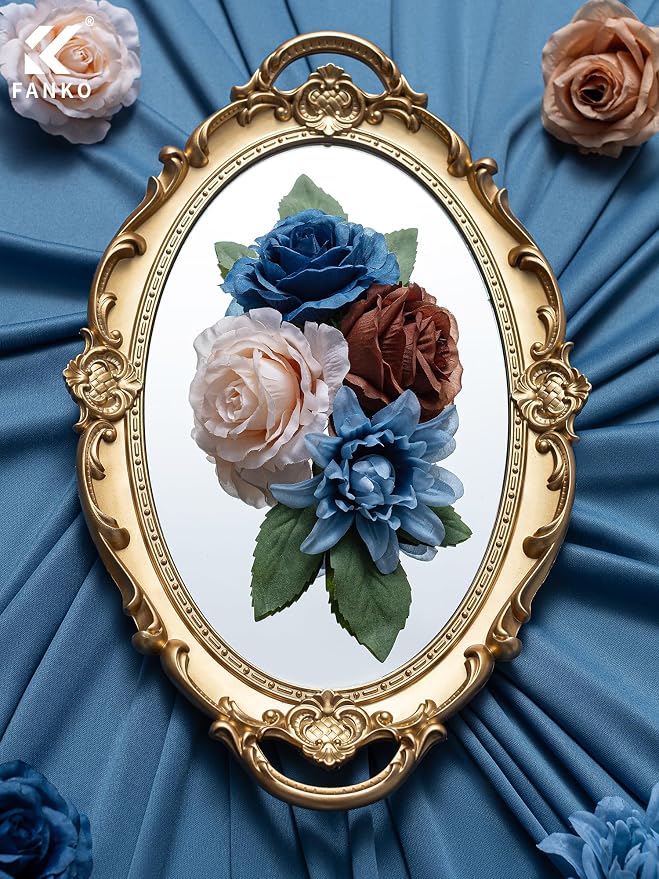FANKO Artificial Flowers for DIY, Blue Brown Faux Flowers Bouquet, Fake Flowers with Roses Dahlia Silk Flowers for Vase, Home Decor, Wedding Centerpiece, Father’s Day, Party