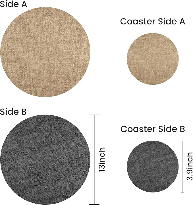 13-Inch Faux Leather Round Placemats Set of 8, Waterproof Anti-Slip Dual Sided Place mats, Heat Resistant Washable Table Mats with Coaster, Suitable for Indoor & Outdoor (8, Black Light Coffee)