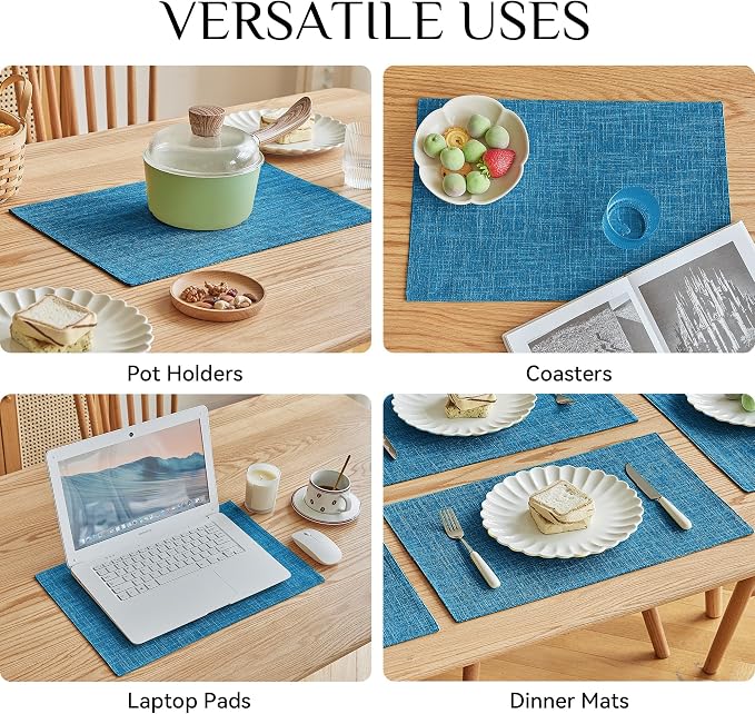 Softalker Faux Linen Placemats Set of 6-12 x 18 Inch, Heat Resistant Double Layered Durable Burlap Farmhouse Place Mats, Non-Slip Washable Rustic Table Mats for Dining, Kitchen, Party（Sky Blue