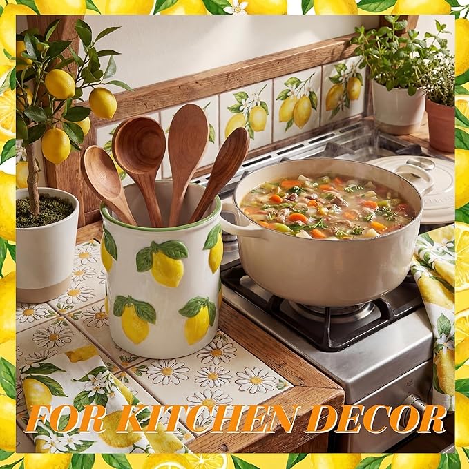 LemonRoad Lemon Utensil Holder for Kitchen Counter,Ceramic Cooking Utensil Crock Modern Farmhouse Countertop Organizer for Spatula Ladle Kitchen Counter Decor