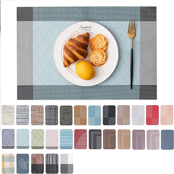 CADONO Placemats Set of 6 Washable Indoor/Outdoor Vinyl Place Mats for Dining Table Durable Non-Slip Heat Resistant PVC Weave Table Mats（Rhombus-Lake Blue）