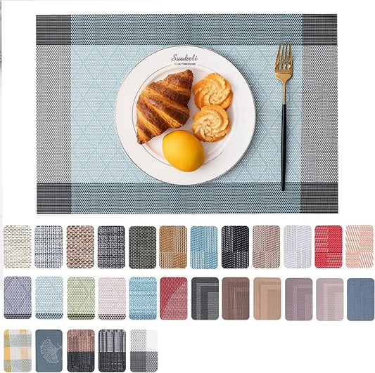 CADONO Placemats Set of 6 Washable Indoor/Outdoor Vinyl Place Mats for Dining Table Durable Non-Slip Heat Resistant PVC Weave Table Mats（Rhombus-Lake Blue）