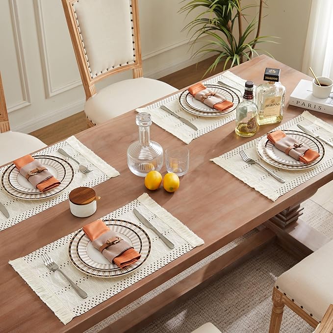 ZeeMart Macrame Style Boho Placemats Set of 6, Ivory 12x20 Inch | Decorative Farmhouse Table Mats, Natural Cotton Woven Place Mats, Bohemian Home Decor for Kitchen Dining Table