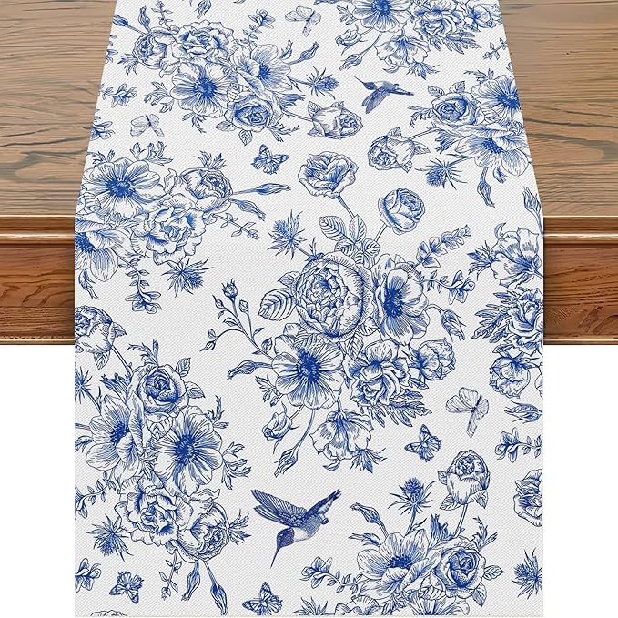 Snycler 13x108 Inch Table Runner Blue Monochrome Sketch Flower Birds Butterfly Table Cover Retro Floral Kitchen Dining Table Decoration for Indoor Outdoor Home Party Restaurant Supplies