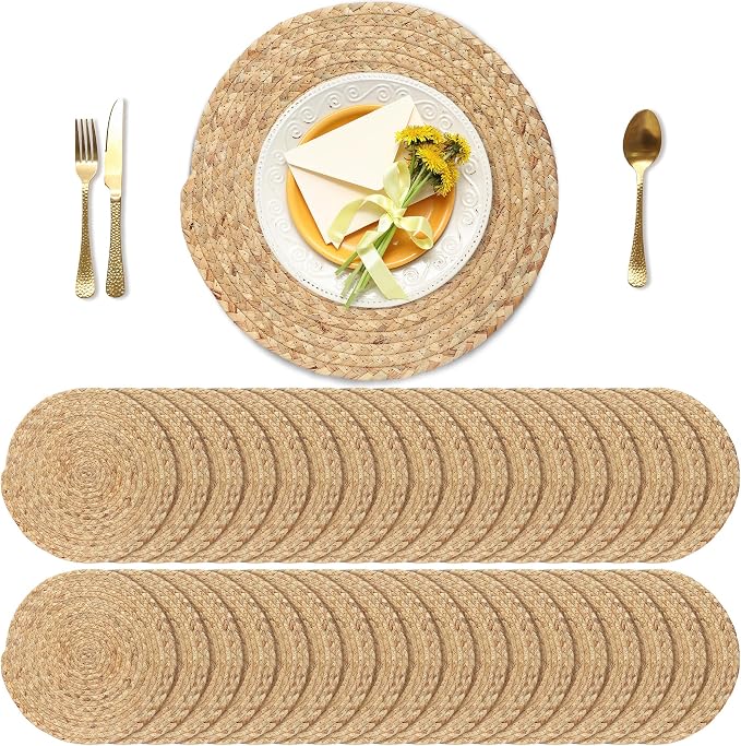 Kochorie Set of 36 Round Woven Placemats 13.5-Inch Natural Water Hyacinth Plant Placemats Hand-Woven Boho Rattan Placemat Wicker Weave Table Mats for Home Table Farmhouse