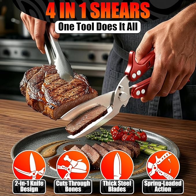 4-in-1 Kitchen Shears Heavy Duty - Detachable Poultry Shears with Micro-Serrated Blades, Spring-Loaded Action & Non-Slip Metal Handle, Dishwasher Safe - Bone Cutting Scissors for Chicken & Meat Prep