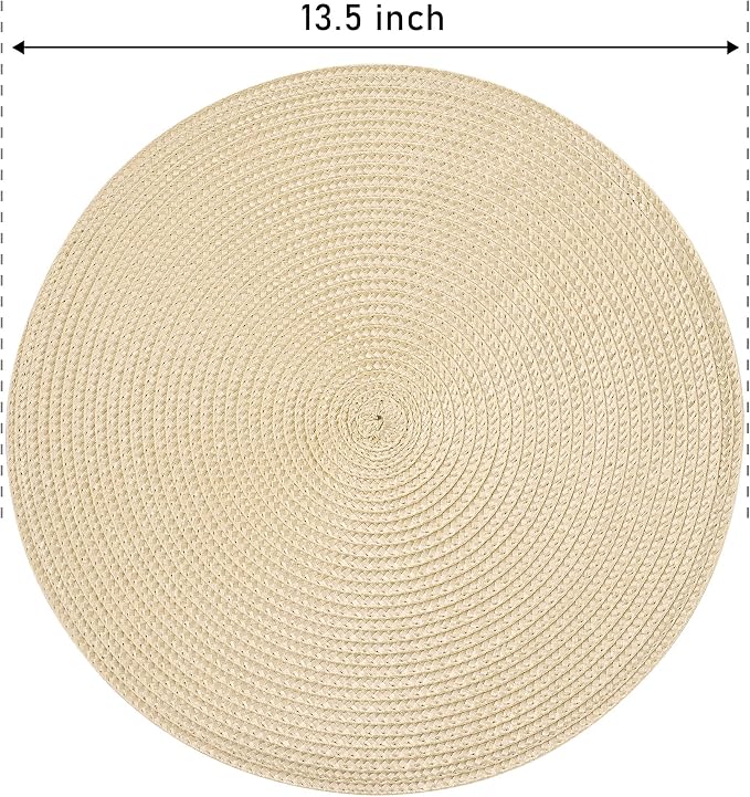 Feuille Round Braided Placemats Set of 6 Place Mats for Dining Table Woven Washable Non-Slip Table Mats 13.5 Inch Beige 6pcs
