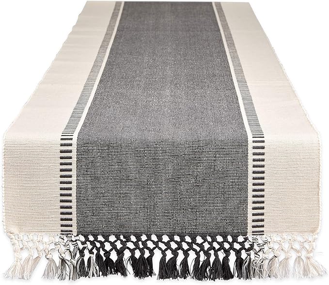 DII Dobby Stripe Woven Table Runner, 13x108 (13x113.5, Fringe Included), Mineral Gray