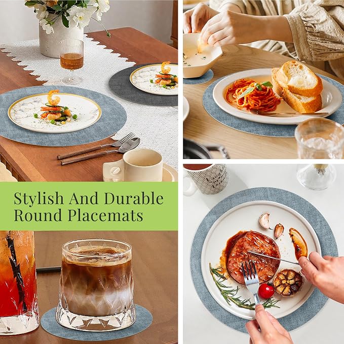 13-Inch Faux Leather Round Placemats Set of 12, Waterproof Anti-Slip Dual Sided Place mats, Heat Resistant Washable Table Mats with Coaster, Suitable for Indoor & Outdoor (12, Black Light Blue)
