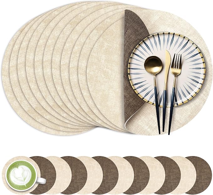 13-Inch Faux Leather Round Placemats Set of 12, Waterproof Anti-Slip Dual Sided Place mats, Heat Resistant Washable Table Mats with Coaster, Suitable for Indoor & Outdoor (12, Beige Dark Coffee)