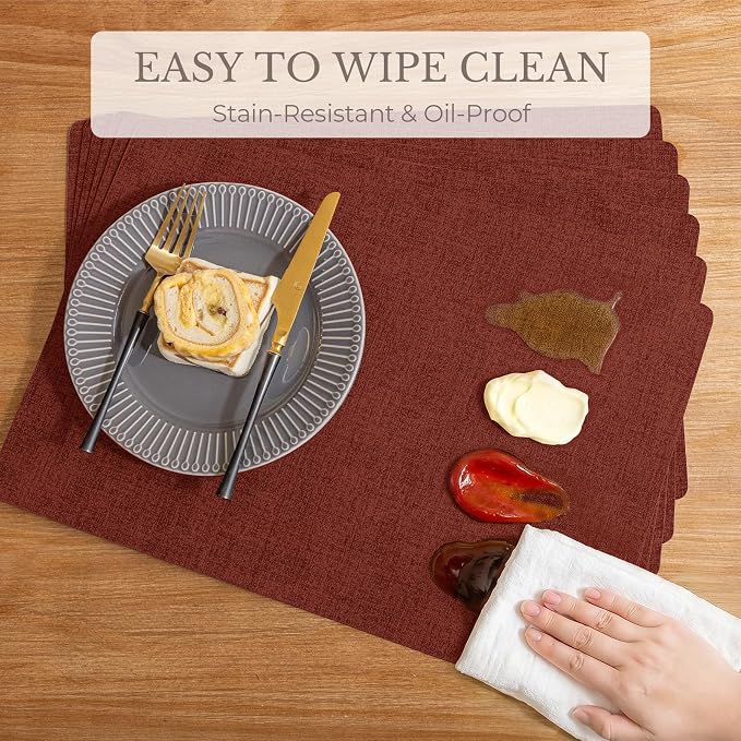Romanstile Vinyl Placemats Set of 6-12 X 17 Inch - Faux Leather 100% Waterproof Wipeable Anti Slip Place Mats, Heat Resistant Reversible PU Table Mats for Kitchen Dining Party Outdoor, Red