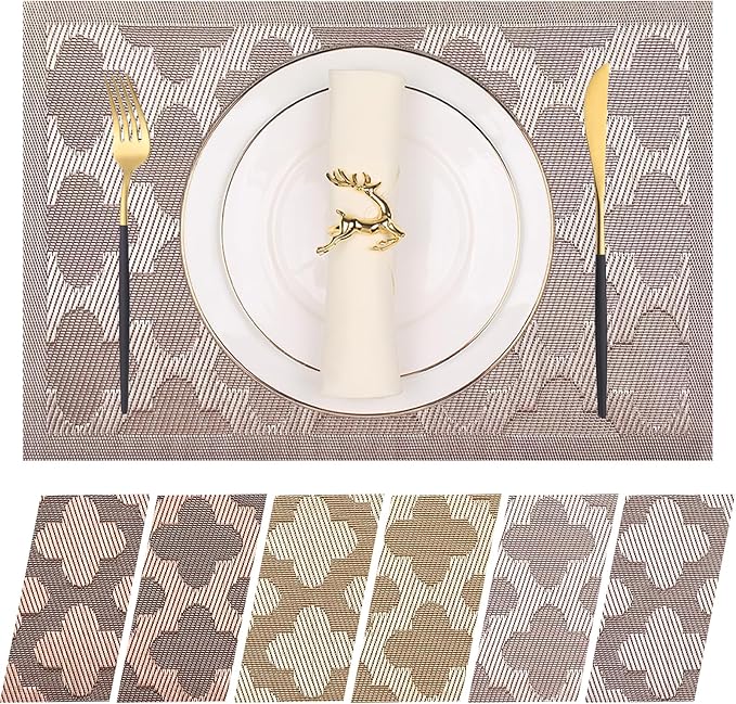 Elegant Placemats Vinyl Woven Heat-Resistant Placemats Set of 4 Washable Easy to Clean Table Mats for Dining Room and Decorate (Champagne)