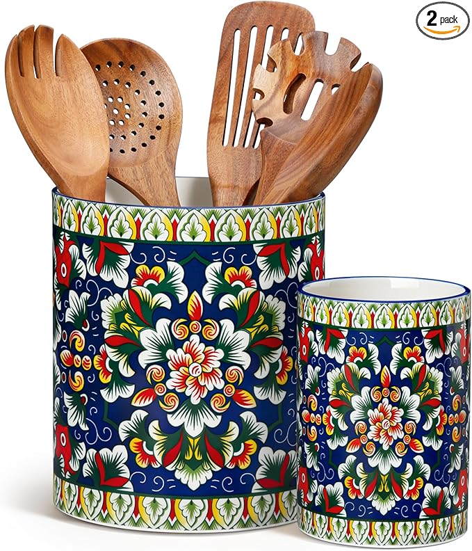 vancasso SIMI Utensil Holder, 7.3"+5.5" Porcelain Kitchen Utensil Holder for Countertop, Bohemian Kitchen Utensil Organizer for Spatulas, Spoons, Decorative Counter Utensil Crock, Verdant Jewel