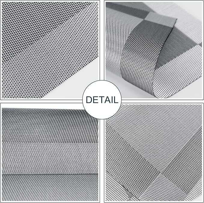 Placemats,Table Place Mats for Kitchen Dining, Heat-Resistant Anti-Skid Stain Washable PVC Table Mats, Easy to Cleaning Woven Vinyl Dinner Mats (Dark Silver, 6 Pack)