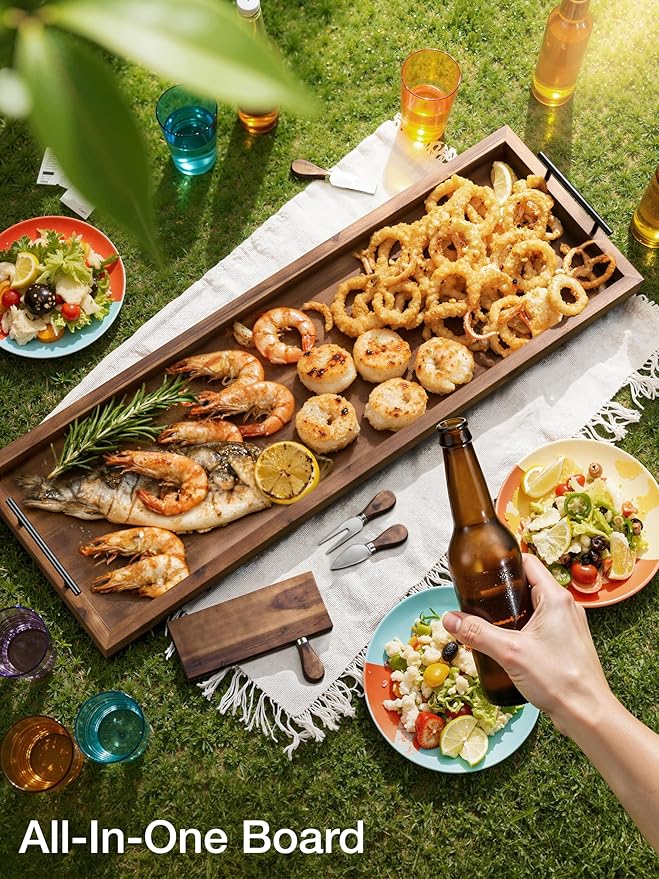 TIDITA Acacia Large Charcuterie Boards for Party with Cheese Knife Set of 4 – Acacia Wood Serving Tray with Handles, Long Charcuterie Board, Wooden Cheese Board (Walnut Color, 36 Inch)