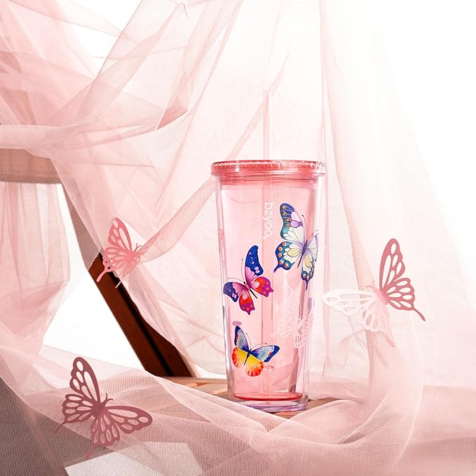 bzyoo Double Wall Tumbler with Straw and Lid Bottle Cold Drink Travel Mug Cup, 24oz (Butterfly Pink)