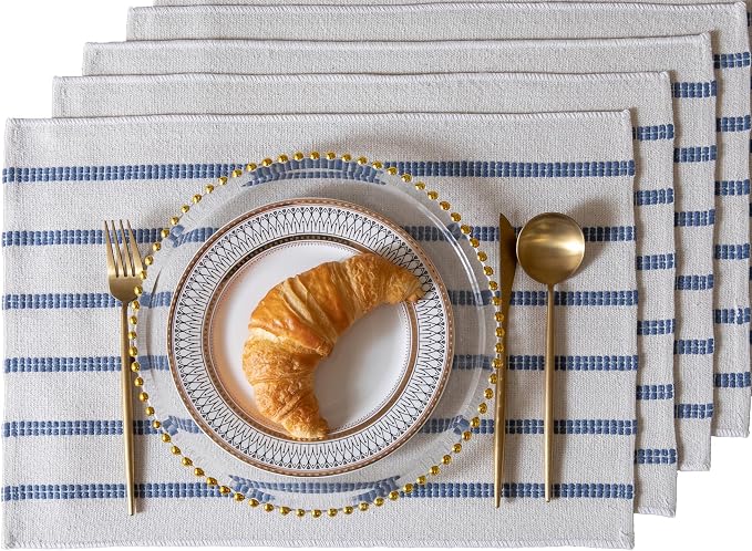 Caflife Boho Farmhouse Placemats Set of 4, Blue Stripes Cotton Linen Woven Table Mats for Modern Dining Table, 13x19 Inch Rustic Kitchen Decor Place Mats