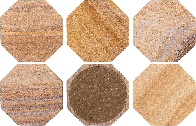 Sandstone Water Absorbent Hand Crafted Octagon Coasters for Drinks- Set of 6-4 inches Wide Thirsty Stone bar/Drink Coasters Made from Real Solid Stone (Without Holder, Set of 6)