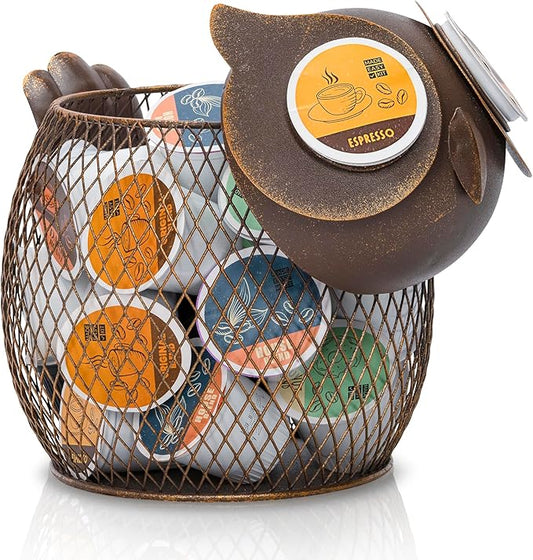 Made Easy Kit Coffee Pod Organizer - Home Coffee Bar Functional Décor - Café Station Countertop Storage Accessories (Owl)