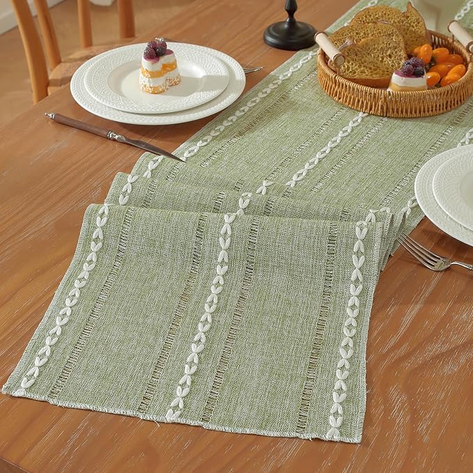 Niviy Sage Green Boho Cotton Linen Table Runner, Farmhouse Woven Table Runners Spring Holiday Kitchen Dining Table Decoration for Home Party Decor 13 x 108