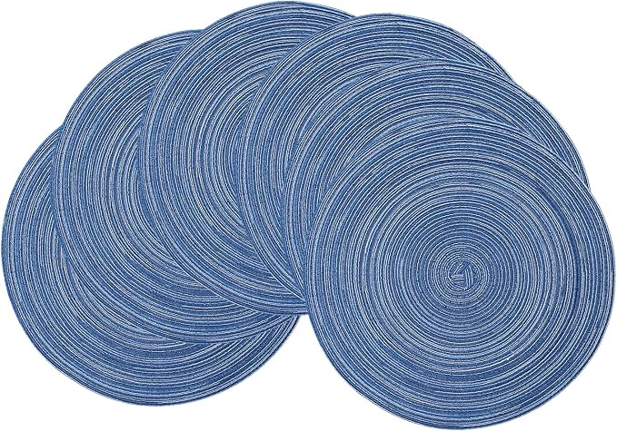 15'' Round Woven Placemats Set of 6, Natural Heat Resistant Washable Non-Slip Woven Table Mats -Blue