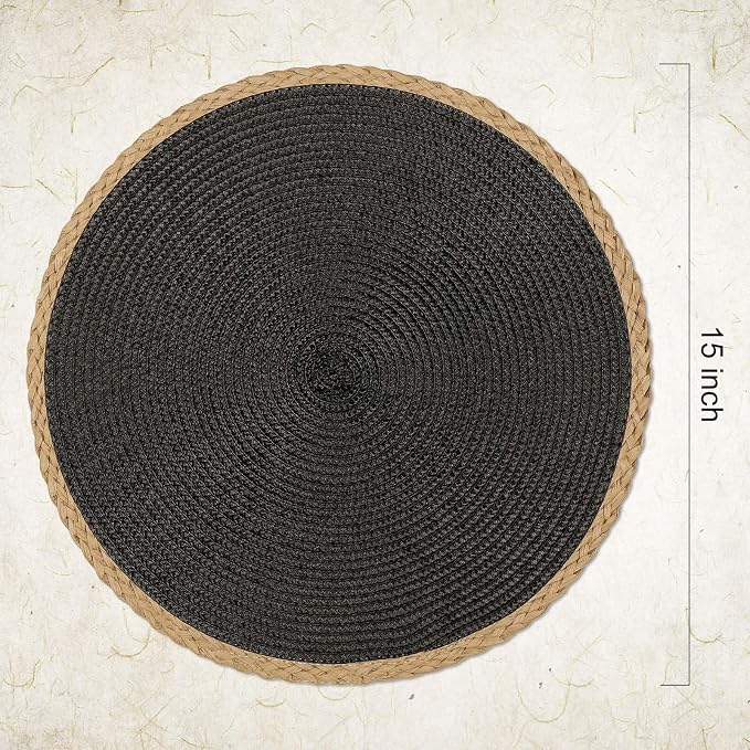 Noctiflorous Braided Round Placemats Set of 8, 15 Inch Woven Table Mats, Non-Slip Washable Thin Edge Place Mats for Kitchen Dining Table Decor (Black, 8)