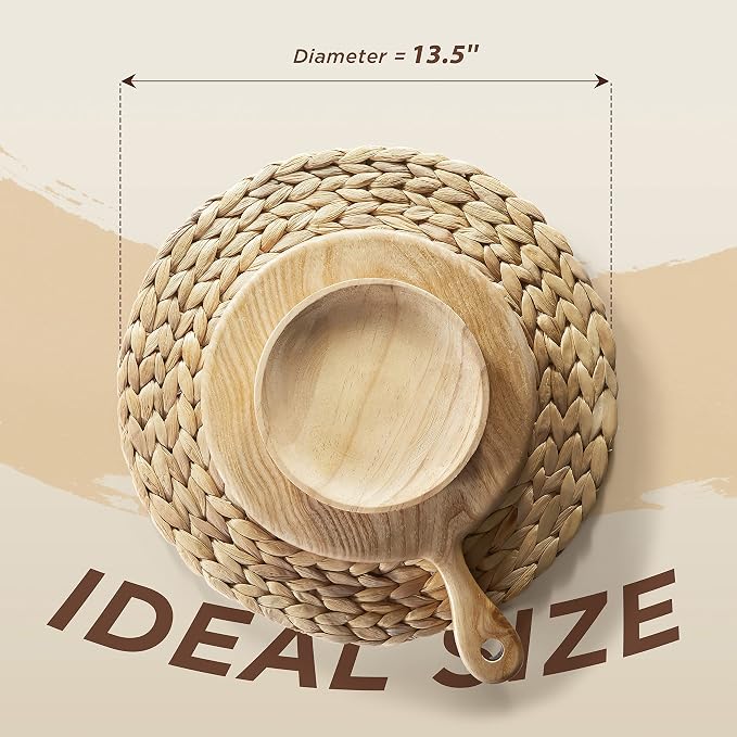 BLUEWEST Woven Placemats - Set of 10 Round Rattan Wicker Water Hyacinth Braided Placemats, 13.5'' Heat Resistant/Anti-Slip