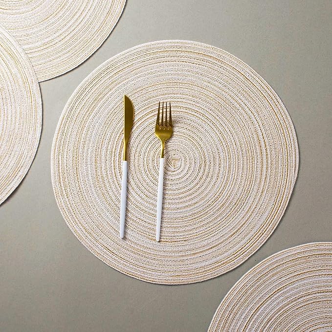 AHHFSMEI Round Braided Placemats Set of 6 Woven Table Mats for Dining Table Heat Resistant Easy to Clean Perfect for Kitchen & Home Decor (Beige)