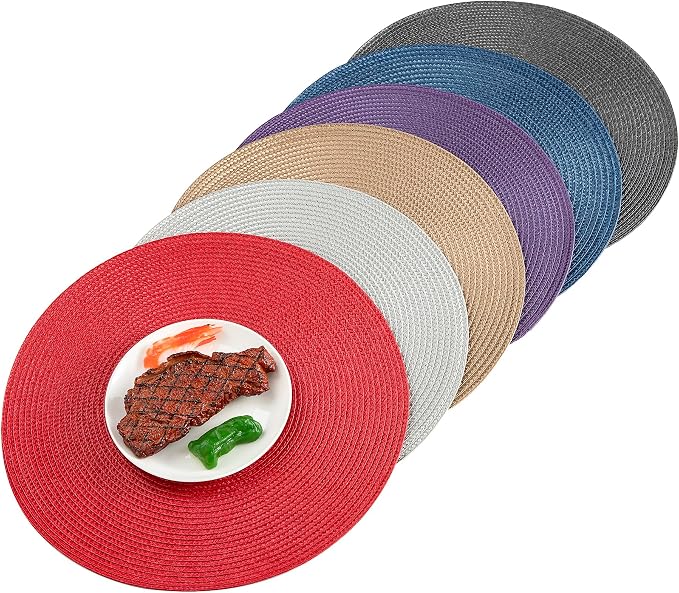 Round Placemats, Crossweave Heat Resistant Classic Woven Round Place Mats Diameter 13.5 inch for Kitchen Table Set of 6 (Red)