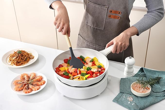 Kitchen Utensils Set 6 PCS, Non-Toxic Cooking Utensils with Heat-Resistant Silicone Spatula, Large Serving & Slotted Spoon, Flexible Spatulas, Brush and Spaghetti Rake - Ideal Starter Set