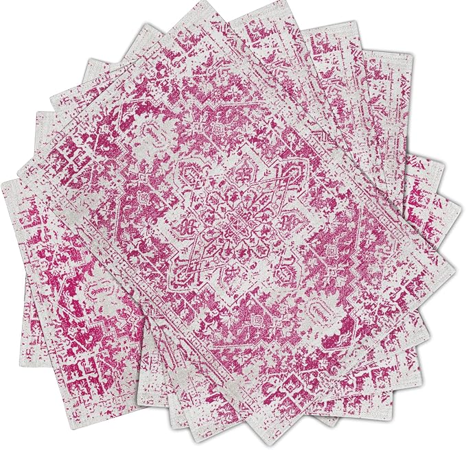 Gray Hot Pink Boho Placemats Set of 6 Ethnic Bohemian Carpet Place Mats Washable Kitchen Dining Vintage Grey Geography Floral Linen Table Mats Stain Heat-Resistant for Home Party Indoor 12x18 in