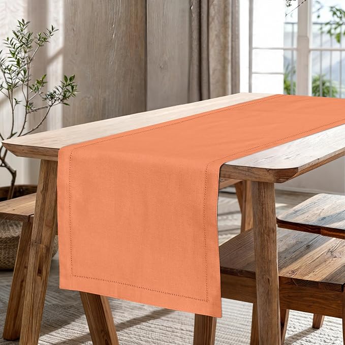 Ruvanti Linen Table Runner 108 Inches, Classic Hemstitch, Washable, Reusable, Non-Slipping, Stain Resistant- Perfect for Parties, Weddings, Dinners, Thanksgiving, Christmas, Indoor use – Orange