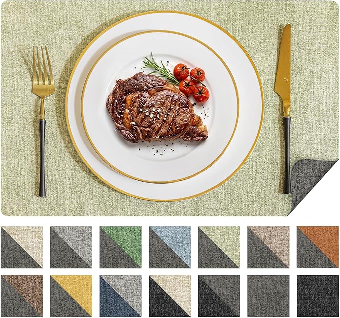 Romanstile Reversible Vinyl Placemats Set of 8, Faux Leather 100% Waterproof Oil-Proof Wipeable Place Mats, Heat Resistant Dual Sided Table Mats for Kitchen/Dining/Party (Grey Green, 12 x 17 Inch)