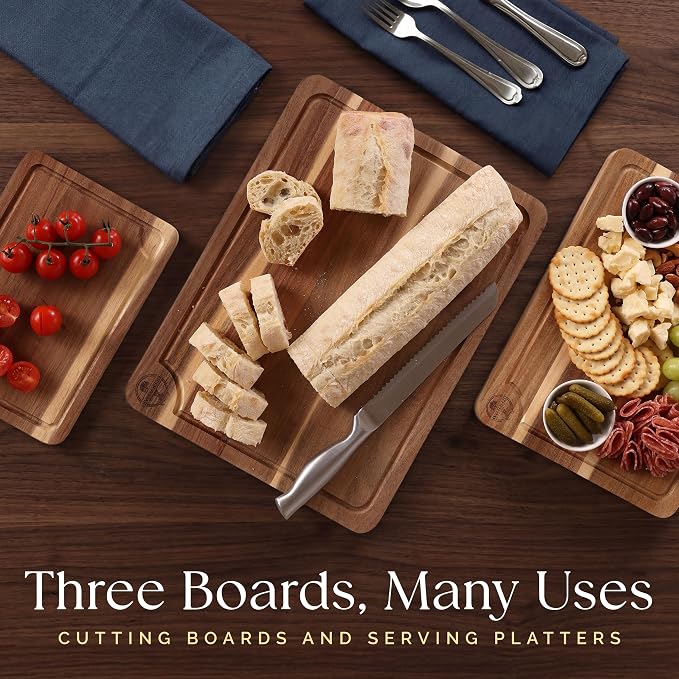 Pre-Oiled, Non Toxic 3-Piece Acacia Cutting Board Set with Stand, FSC Certified Wooden Chopping Boards, Includes 3.4 fl oz Chopping Board Oil, 3 Wood Carving Boards for Home, BBQ Kitchen, Deer & Oak