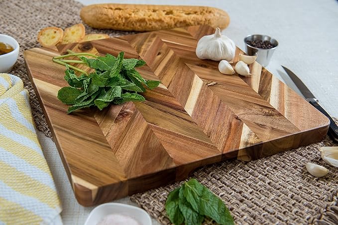 Lipper International Acacia Herringbone Square Cutting and Serving Board with Inset Handles for Chopping Meats, Fruits and Vegetables, 14" x 14" x 1" Thick