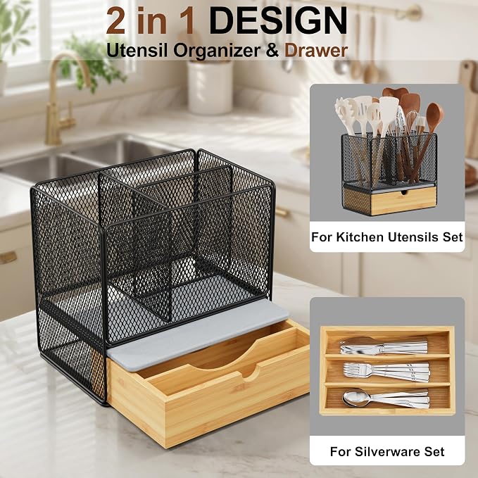 Utensil Holder, 2-in-1 Kitchen Utensil Holder with Silverware Drawer Organizer for Countertop, 3 Compartments Cooking Utensil Holder with Diatomaceous Earth Base for Kitchen Counter, Black