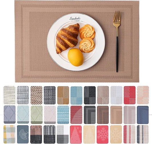 CADONO Placemats Set of 6 Washable Indoor/Outdoor Vinyl Place Mats for Dining Table Durable Non-Slip Heat Resistant PVC Weave Table Mats（Simple Style-Light Brown）