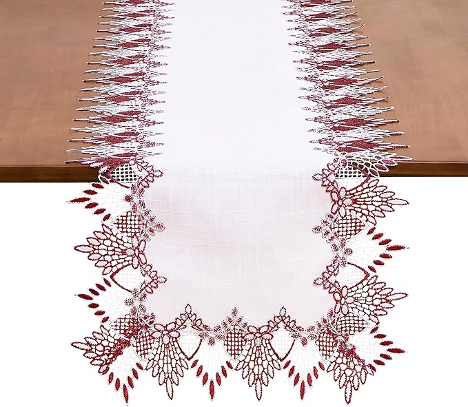 White Dark Red Jacquard Lace Table Runner 60 inches Long, Claret Dresser Scarf Table Topper for Christmas Kitchen Coffee Table Wedding Party Home Decor (Dark Red, 16”x60”)