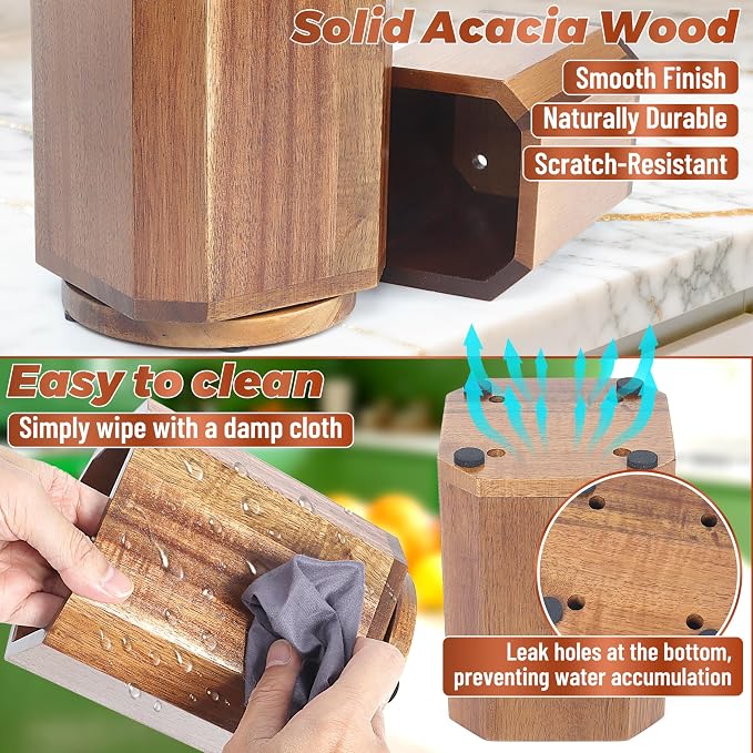 KINGSOW Wooden Utensil Holder Set: 3PCS Extra Large Acacia Wood Organizer with 360° Rotating Base for Kitchen Countertop - Farmhouse Storage Crock for Multi-Generation Family & Cooking Enthusiasts