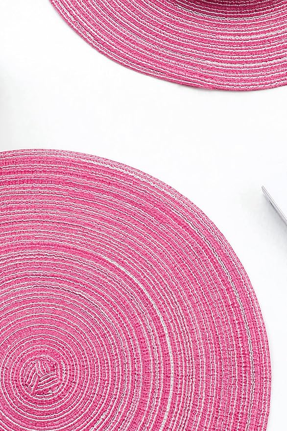 Floroom 15 Inch Round Braided Placemats Set of 6, Washable Heat Resistant Cotton Polyester Circle Place Mats for Kitchen Dining Table - Berry Pink