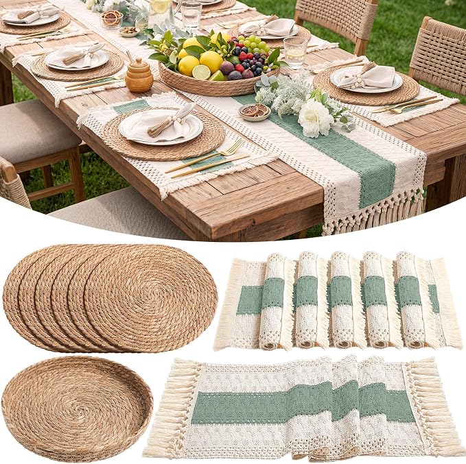 Boho Placemats 4/6/8 Set of Round Woven Placemat Macrame Style Bicolor Stitching Long Table Runner Farmhouse Rustic Natural Burlap Cotton for Kitchen Dining Table(6 Sets,Green,12x72)